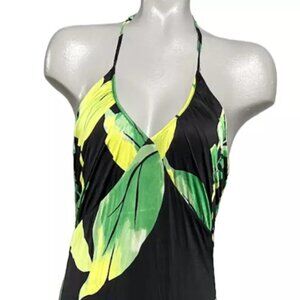 White House Black Market Strappy Maxi Dress in Black and Green Leaf Print NWT 0